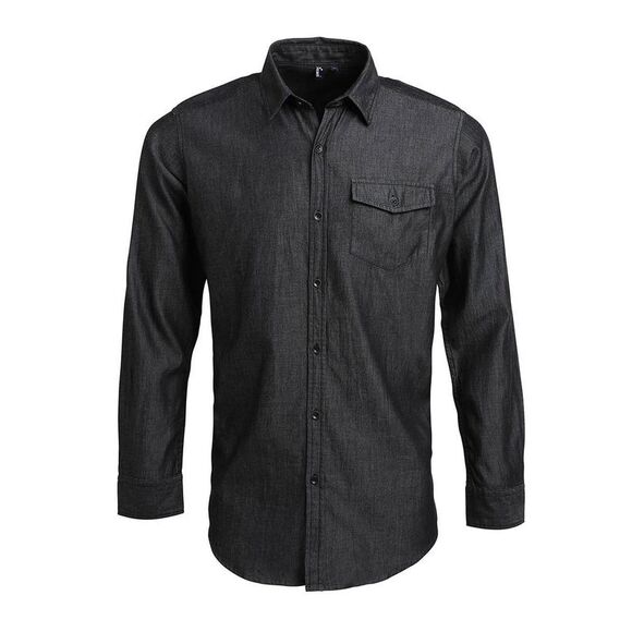 Premier Mens Denim Contrast Stitching Shirt / Black Denim - Picture 1 of 3
